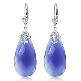 14K Solid White Gold Leverback Earrings with Briolette 31x16 mm Deep Blue Chalcedony