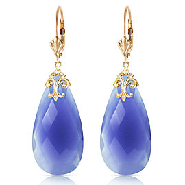 14K Solid Gold Leverback Earrings with Briolette 31x16 mm Deep Blue Chalcedony