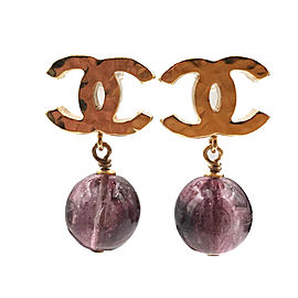 Chanel CC Gold Tone Metal Plum Stone Bead Dangle Piercing Earrings