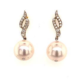 Diamond Akoya Pearl Dangle Earrings 14k Gold 9.2 mm Certified $1,990