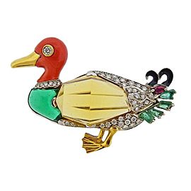 Gold Coral Diamond Emerald Citrine Duck Brooch Pin