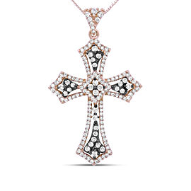 14K Rose Gold and Black Rhodium 1.0 Cttw Diamond Ornate Vintage St. James Budded Cross Pendant 18" Necklace - (Brown/H-I Color, SI1-SI2 Clarity)