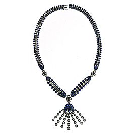 34.69 Carat Blue Sapphire and White Diamond Fringe Statement Necklace