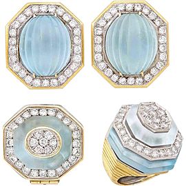 Wander, France, Gold Platinum, Frosted Carved Aquamarine and Diamond Clip-On