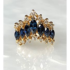 14K Yellow Gold Marquise Cut Blue Sapphire Diamond Ring