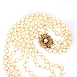 Triple Strands Nesting Pearl Necklace with Gold Flower Clasp