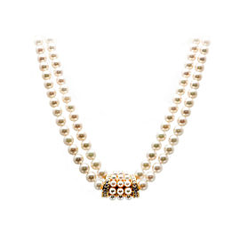 Mikimoto 18K Yellow Gold with Double Cultured Pearl Diamond Necklace