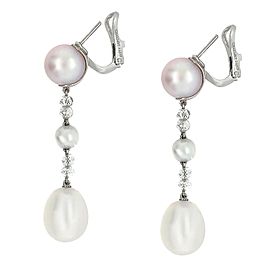 18 Karat White Gold Diamond Cultured Pearl Earring Signed by Chaumet