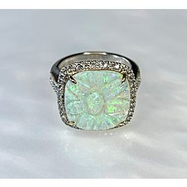 14K White Gold Cushion Cut Australian Opal Diamond Ring