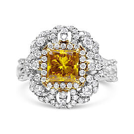 18K Yellow and White Gold 2.35 Cttw Yellow Princess Lab Grown Center Diamond Cluster Halo Cocktail Ring (Yellow/G-H Color, VS1-VS2 Clarity) - Size 6.25