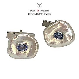 Fresh Water Pearl Sapphire Cufflinks 14k Gold Designer Certified $2,490 012352