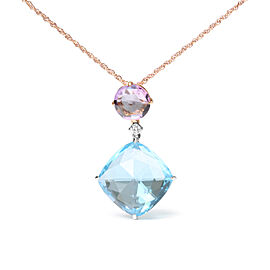 18K White and Rose Gold Round Diamond Accent and Round Rose De France Pink Amethyst and Cushion Cut Sky Blue Topaz Dangle Drop 18" Pendant Necklace (G-H Color, SI1-SI2 Clarity)