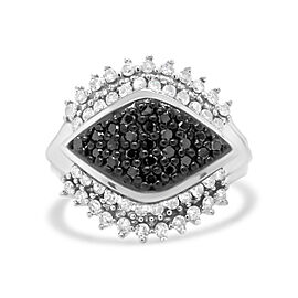 .925 Sterling Siler 1.00 Cttw White and Black Diamond Cluster Evil Eye Ring (Black and I-J Color, I2-I3 Clarity) - Ring Size 7