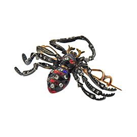 Antique Diamond Enamel Silver Gold Spider Brooch