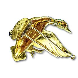 Hermes 18 Karat Yellow Gold Emerald Sapphire and Diamond Bird Brooch