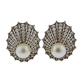 Diamond Pearl Gold Shell Motif Earrings