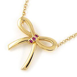 TIFFANY & Co 18K Yellow Gold Bow Ribbon Motif Pink Sapphire Necklace