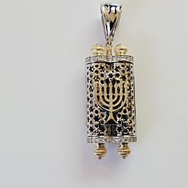 Yellow Gold Torah Pendant with Blue Enamel and Diamonds