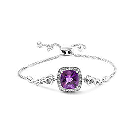 True .925 Sterling Silver 10mm Cushion Cut Amethyst Gemstone and Diamond Accent Lariat 4”-10” Adjustable Bolo Bracelet (H-I Color, SI1-SI2 Clarity)