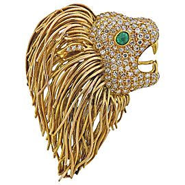 Diamond Emerald Gold Lion Head Brooch Pin