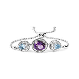 True .925 Sterling Silver Oval Amethyst and Pear Blue Topaz with Diamond Accent Lariat 4”-10” Adjustable Bolo Bracelet (H-I Color, SI1-SI2 Clarity)