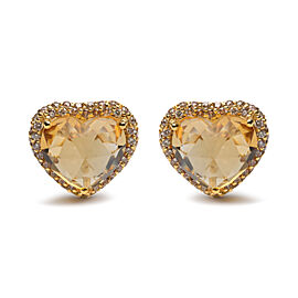 18K Yellow Gold 2/3 Cttw Brown Diamonds and 11x11mm Heart-Cut Yellow Citrine Gemstone Halo Heart Stud Earrings (Brown Color, SI1-SI2 Clarity)