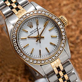 Two Tone Rolex Oyster Perpetual 26mm White Dial with 0.80CT Diamond Bezel