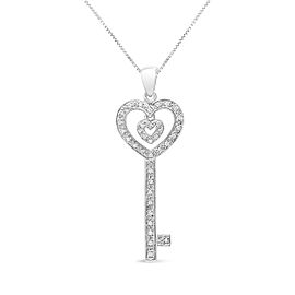 .925 Sterling Silver 1/5 Cttw Round-Cut Diamond Double Heart & Key 18" Pendant Necklace (I-J Color, I3 Clarity)