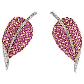 Ruby Diamond Gold Leaf Motif Earrings