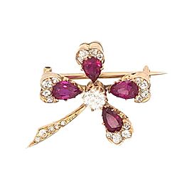 Clover Diamond Ruby Antique Brooch