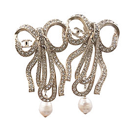 Chanel Silver Tone Hardware with Rhinestone and Simulated Glass Pearl Ribbon Bow Clip on Earrings