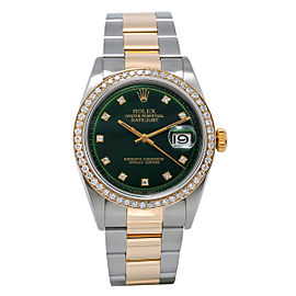 Two Tone Rolex 1601 Datejust 36mm Green Dial With 1.20CT Diamond Bezel