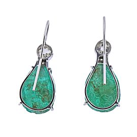 Carved Emerald Diamond Gold Drop Earrings