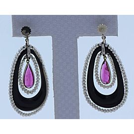 White Gold, Black Onyx, Rubellite and Seed Pearl Pendant Clip-On Earrings