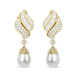 18k Yellow Gold 7.0 Cttw Baguette and Round Diamond South Sea Pearl Drop Dangle Clip-On Earrings (F-G Color, VS1-VS2 Clarity)