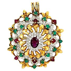 Yellow Gold Ruby Emerald Pendant Brooch