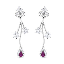 18K White Gold 1 1/4 Cttw Diamond and 4.1 x 2.2mm Red Pear-Cut Ruby Freeform Dangle Drop Earring (E-F Color, VS1-VS2 Clarity)