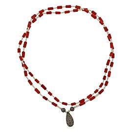 Silver Rose Cut Diamond Coral Pearl Necklace