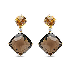 18K Yellow Gold 1/5 Cttw Diamond with Round Yellow Citrine and 25mm Cushion Cut Smoky Quartz Gemstone Dangle Earring (G-H Color, SI1-SI2 Clarity)