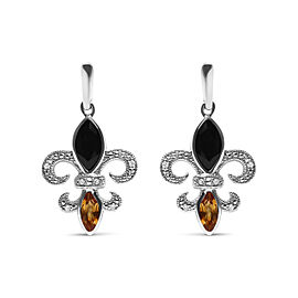 .925 Sterling Silver Marquise Cut Onyx and Citrine with Diamond Accent Fleur De Lis Drop Stud Earrings (H-I Color, SI1-SI2 Clarity)