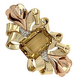 14 Karat Yellow Gold Large Citrine Diamond Brooch