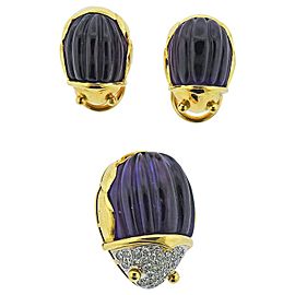 Tiffany & Co. Carved Amethyst Diamond Gold Beetle Earrings Brooch Set