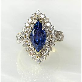 14K Yellow Gold Marquise Cut Blue Sapphire Diamond Ring