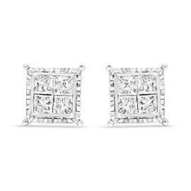 True 14K White Gold 1 1/2 Cttw Invisible Set Princess-Cut Diamond Contemporary Wavy Quad Stud Earrings (I-J Color, I1-I2 Clarity)