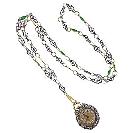 Antique Gold Silver Diamond Enamel Pocket Watch Pendant Necklace