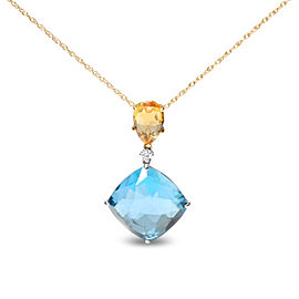 18K White and Yellow Gold Diamond Accent and Pear Cut Lemon Quartz and Cushion Cut London Blue Topaz Gemstone Dangle Drop 18" Pendant Necklace (G-H Color, SI1-SI2 Clarity)