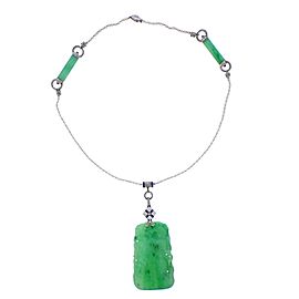 Carved Jade Pearl Diamond Sapphire Platinum Pendant Neckla