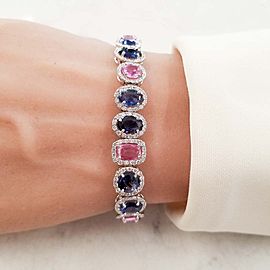 20.81 Carat Total Natural Blue and Pink Sapphire Bracelet in 18 Karat White Gold