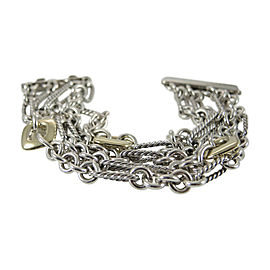 David Yurman Sterling Silver 18K Yellow Gold 4 Row Figaro Chain Cushion Donut Station Bracelet