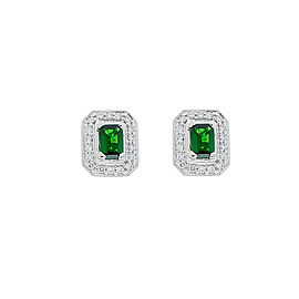 1.18 Carat Total Emerald Cut Green Tsavorite and Diamond Stud Earring